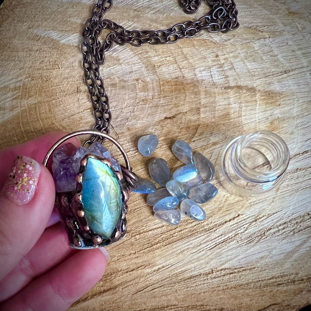 Soldered Amethyst & Labradorite Bottle Pendant Necklace - Picture 5 of 9